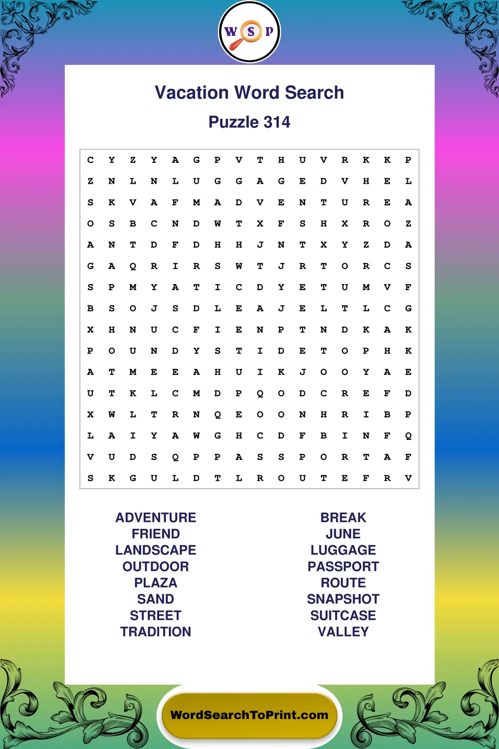 Vacation Word Search Puzzle 314