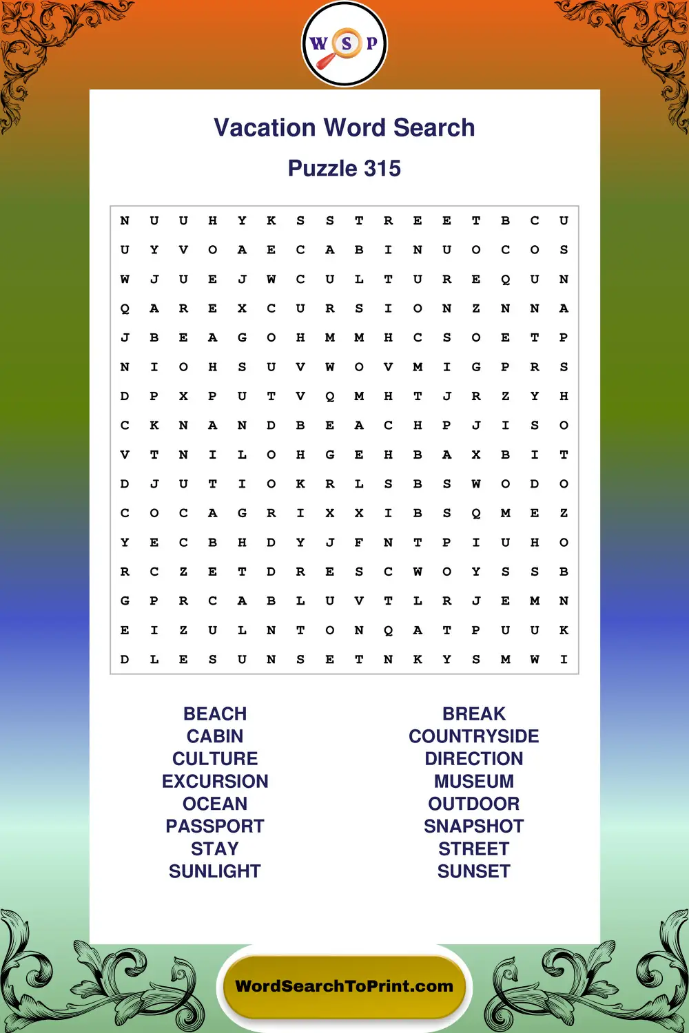 Vacation Word Search Puzzle 315