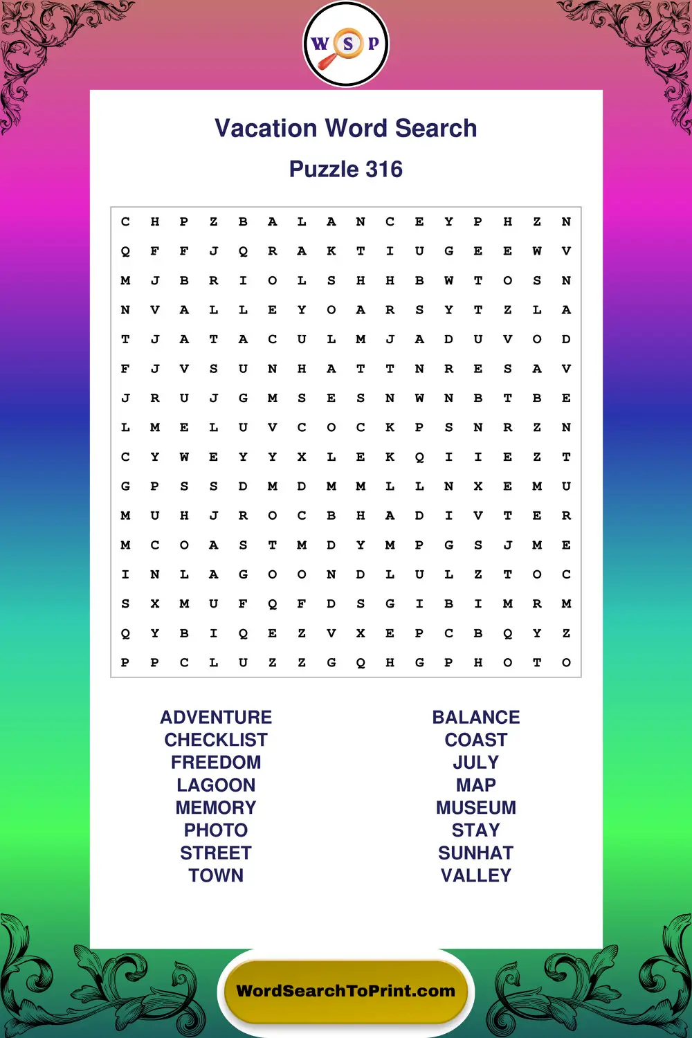 Vacation Word Search Puzzle 316