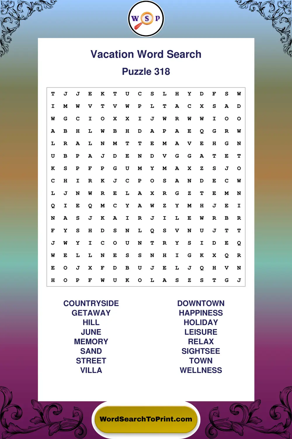 Vacation Word Search Puzzle 318
