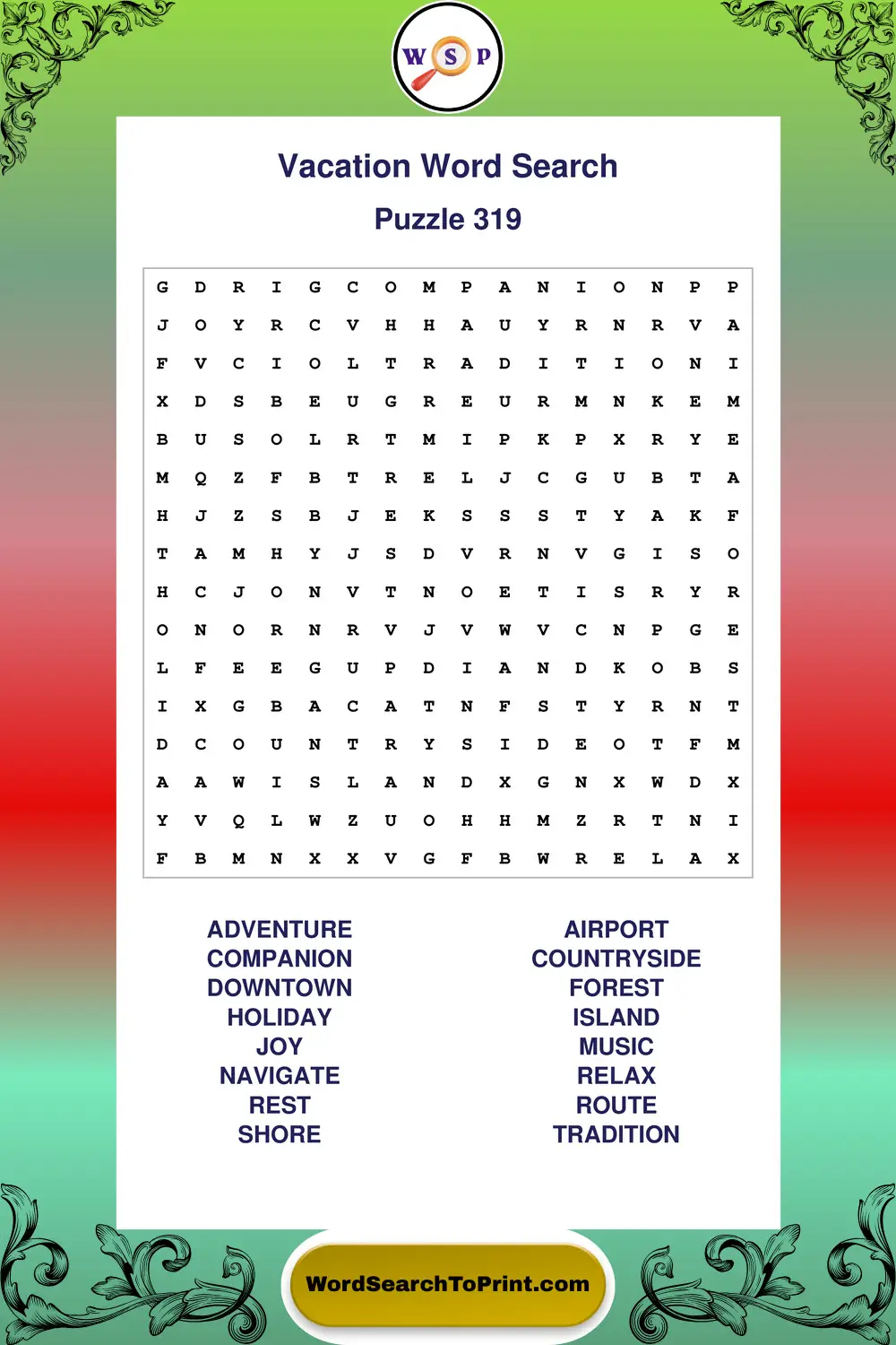 Vacation Word Search Puzzle 319