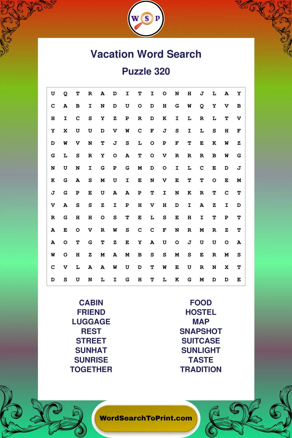 Vacation Word Search Puzzle 320