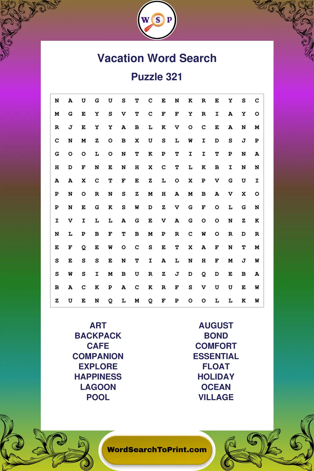 Vacation Word Search Puzzle 321