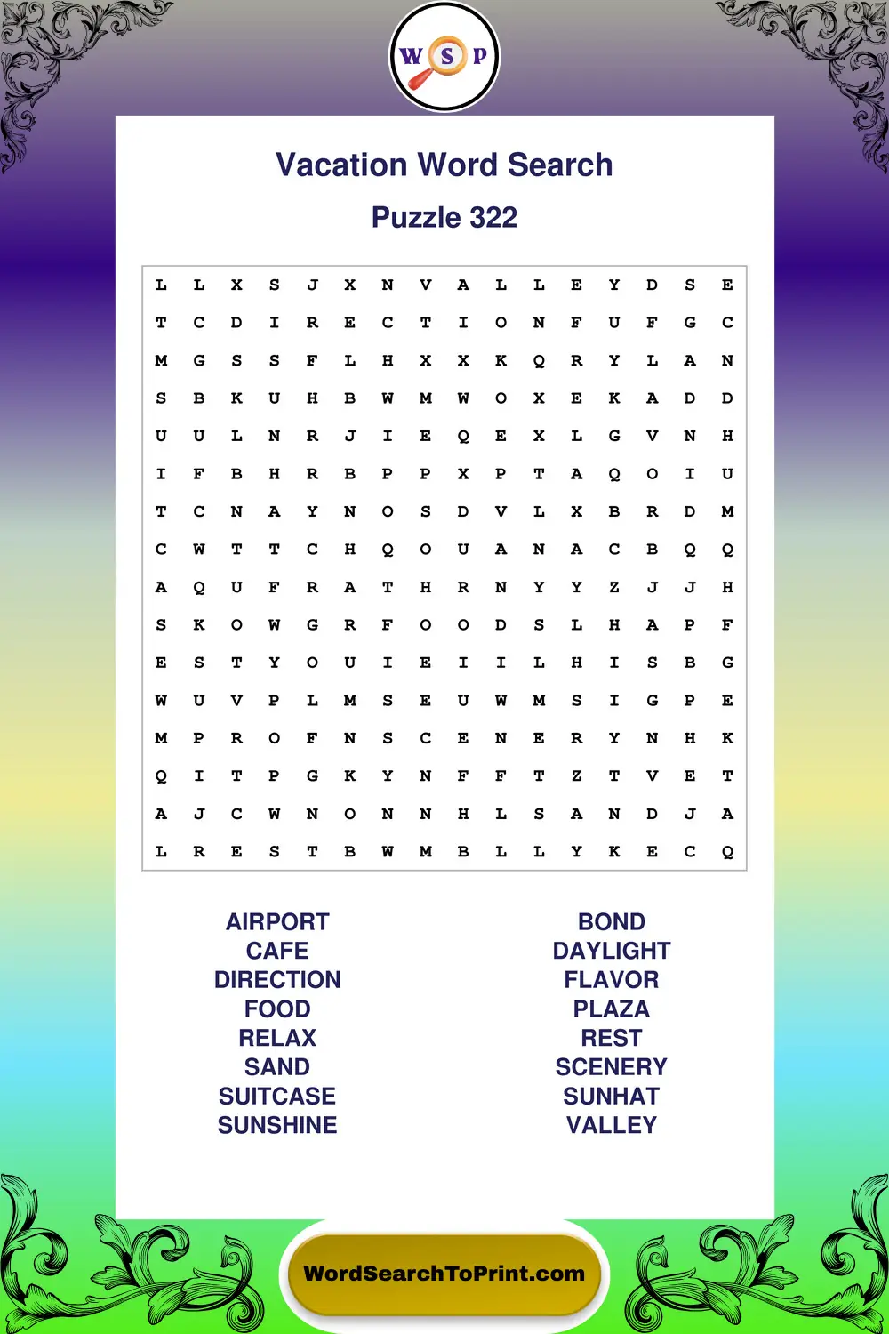 Vacation Word Search Puzzle 322