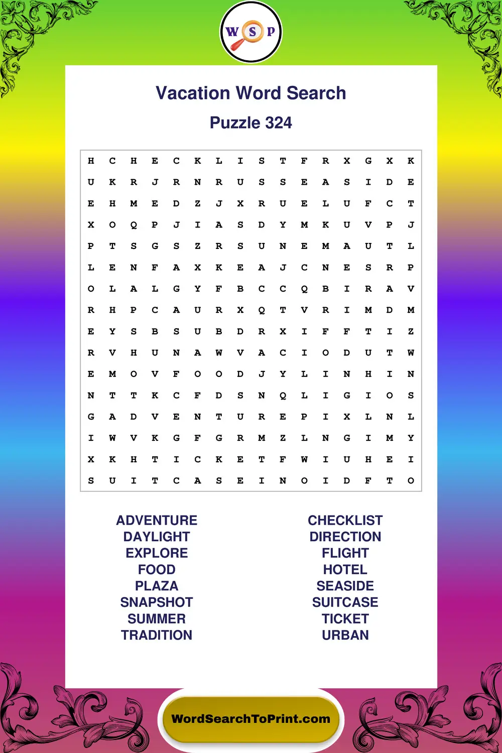 Vacation Word Search Puzzle 324