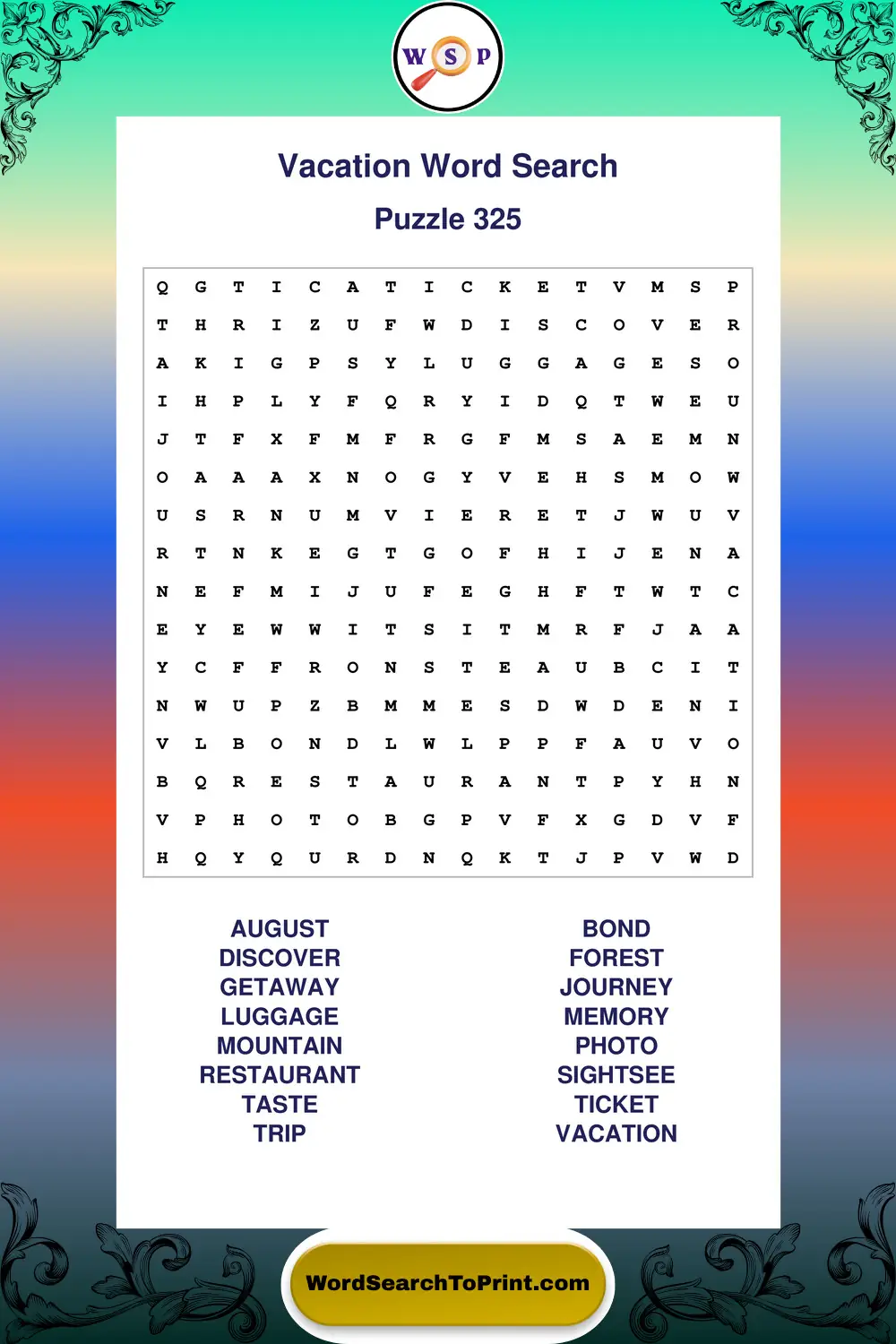 Vacation Word Search Puzzle 325