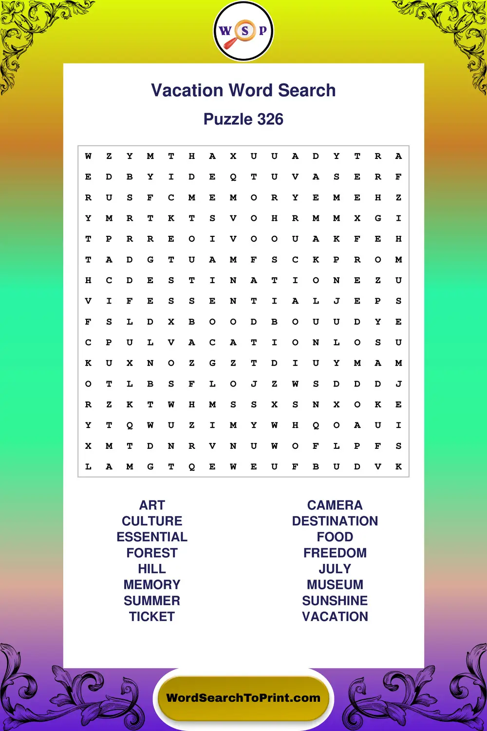 Vacation Word Search Puzzle 326