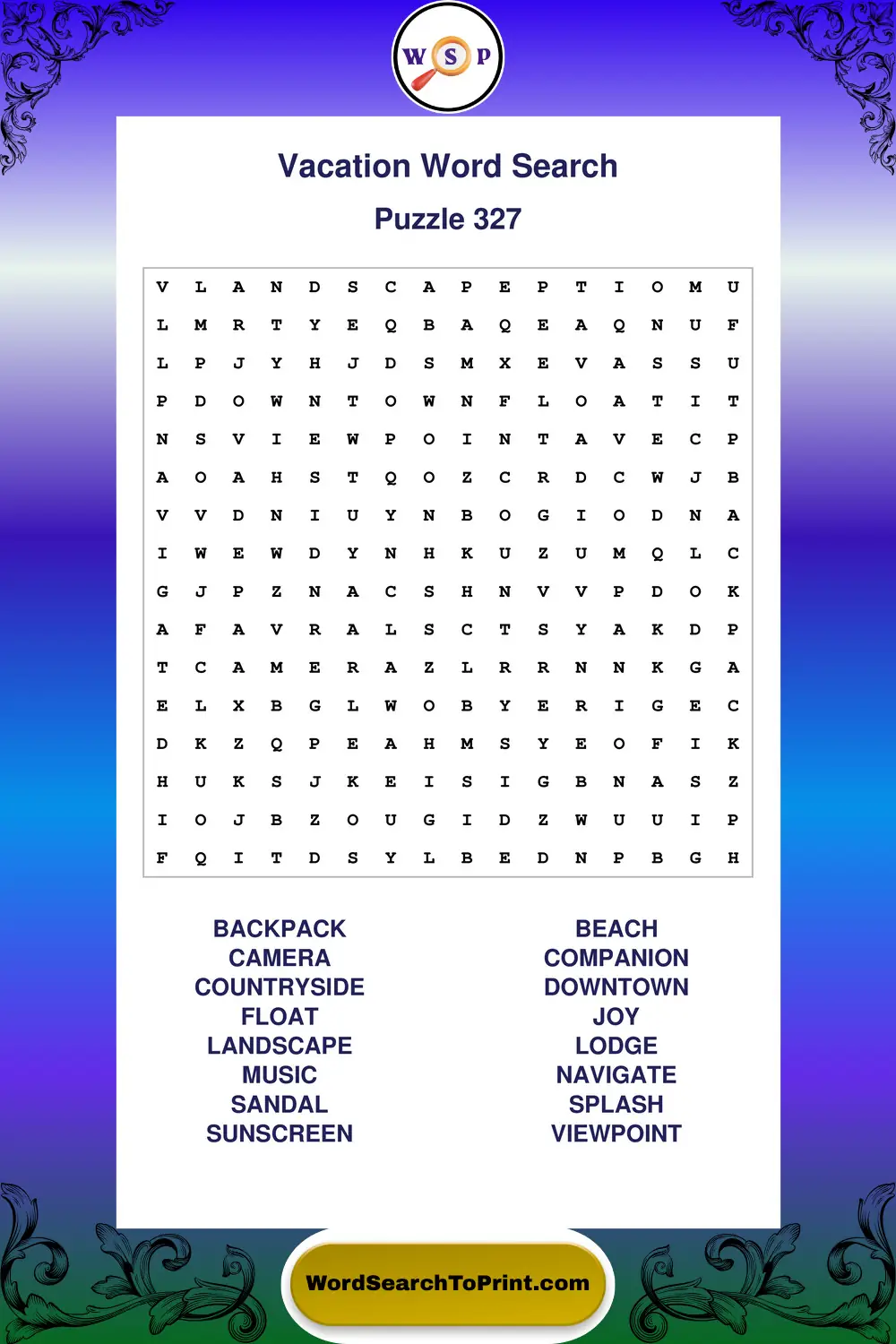 Vacation Word Search Puzzle 327