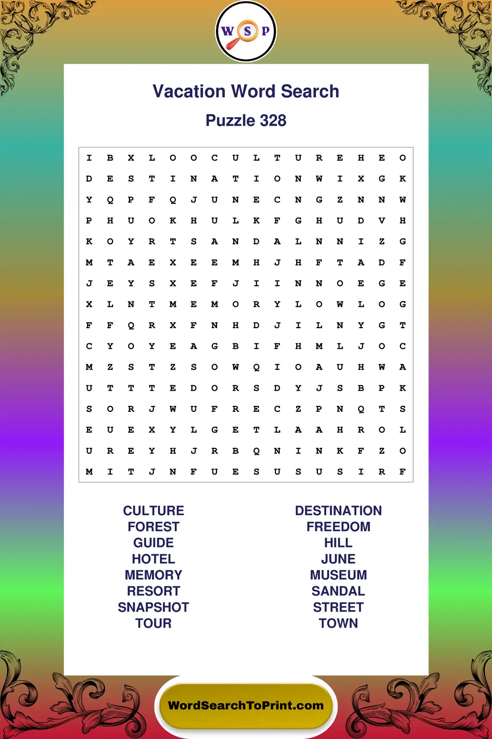 Vacation Word Search Puzzle 328