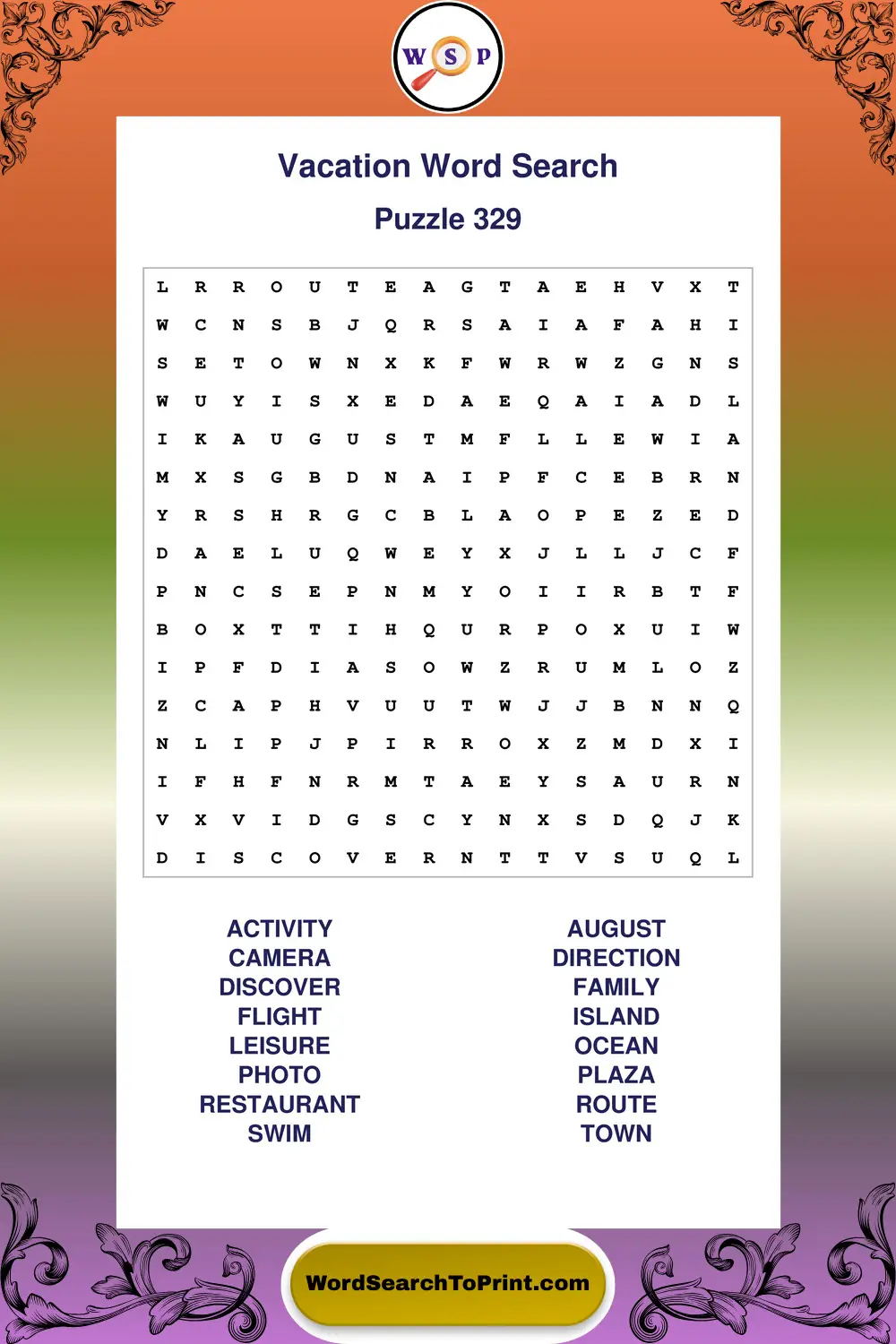 Vacation Word Search Puzzle 329