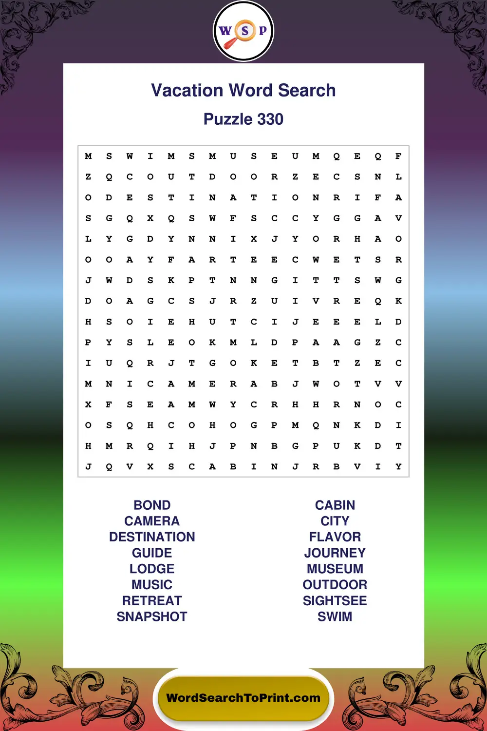 Vacation Word Search Puzzle 330