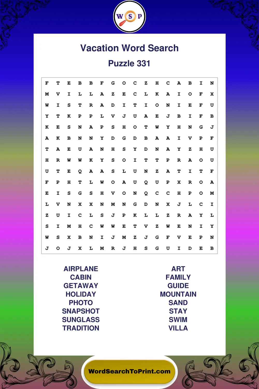 Vacation Word Search Puzzle 331