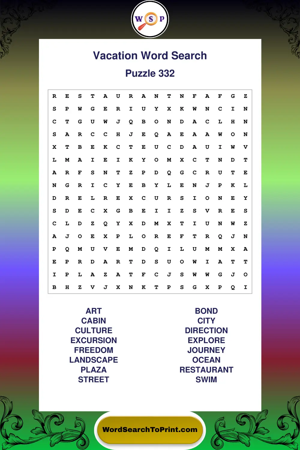 Vacation Word Search Puzzle 332