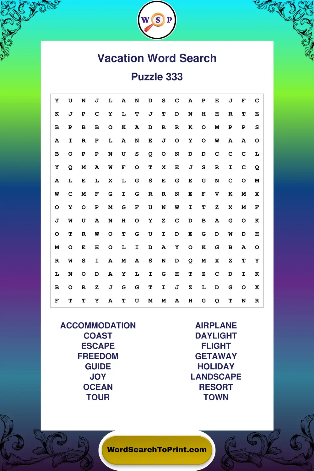 Vacation Word Search Puzzle 333