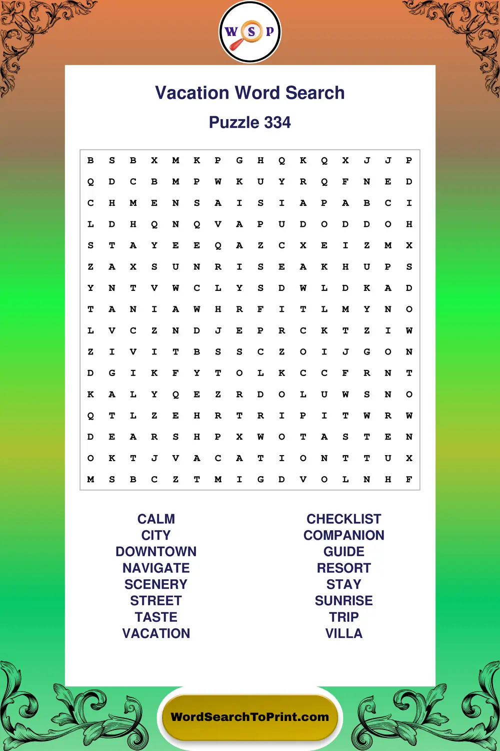 Vacation Word Search Puzzle 334