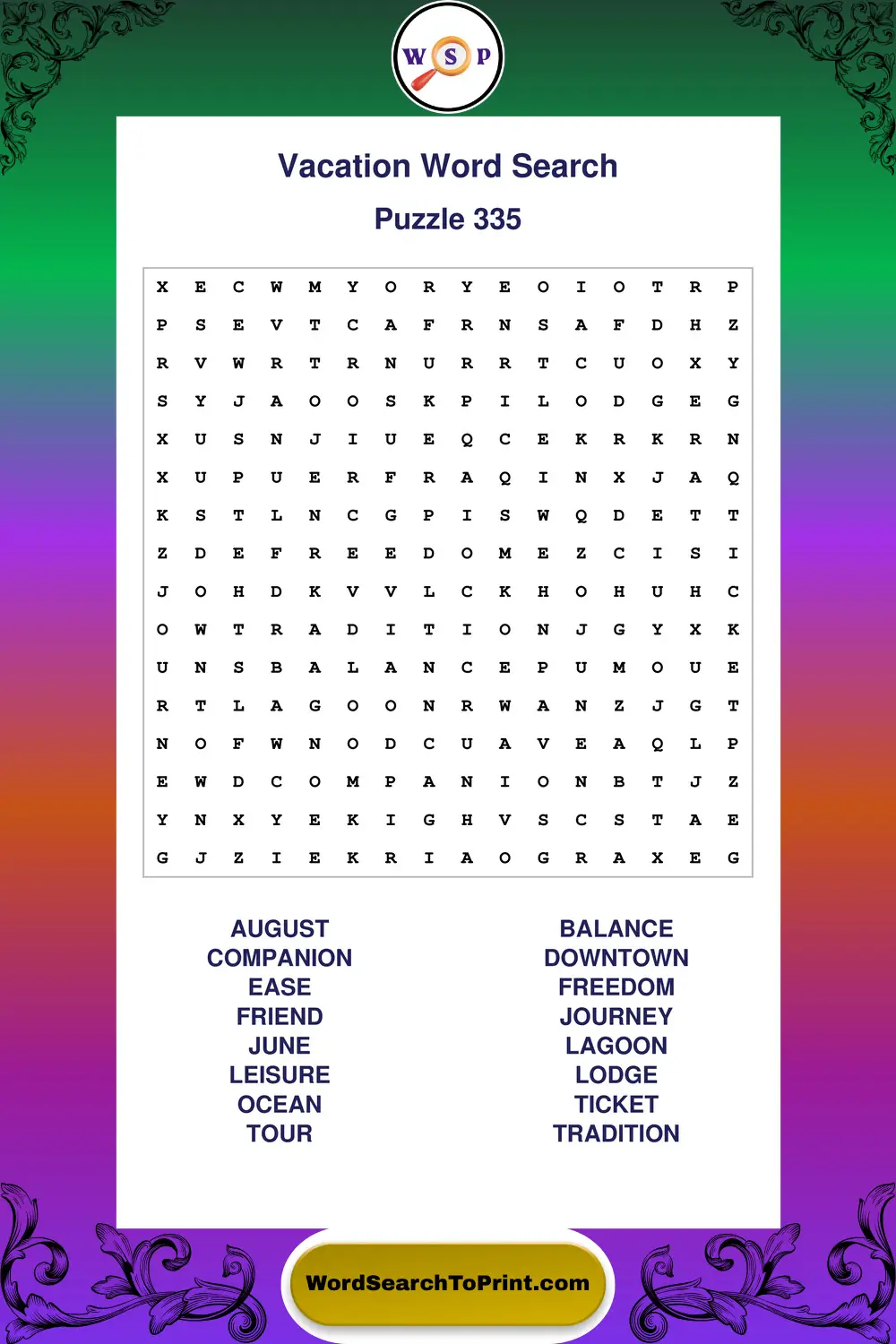 Vacation Word Search Puzzle 335