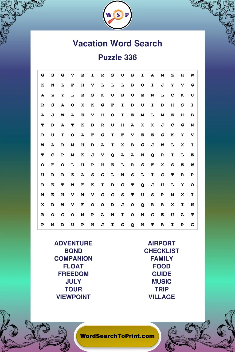 Vacation Word Search Puzzle 336