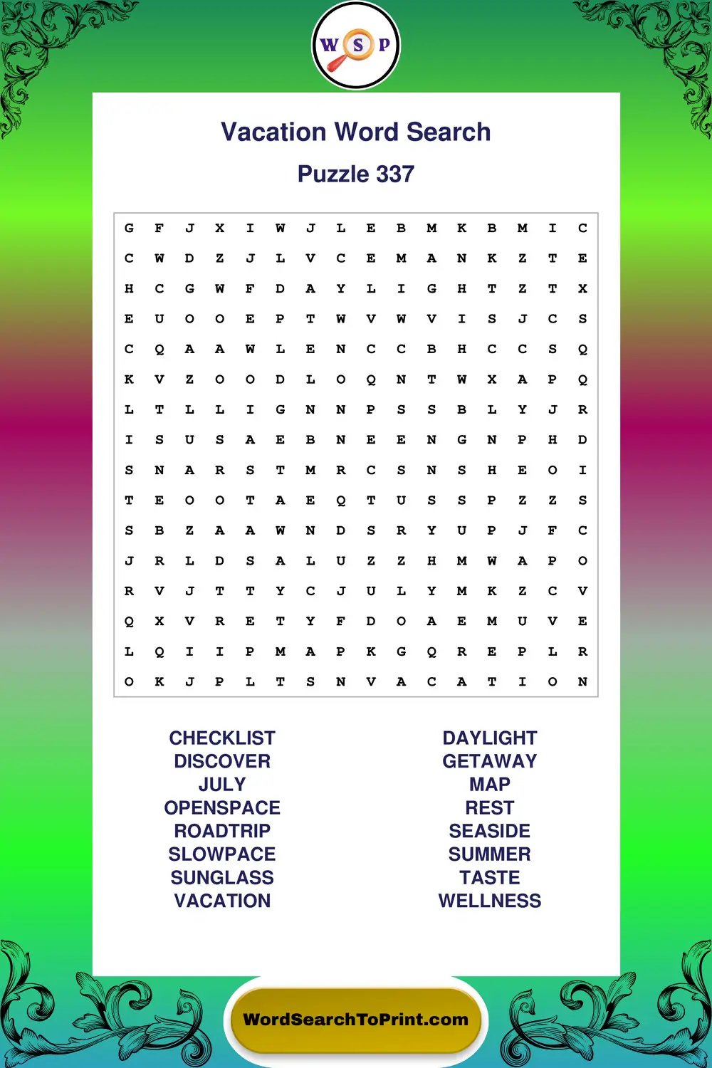 Vacation Word Search Puzzle 337