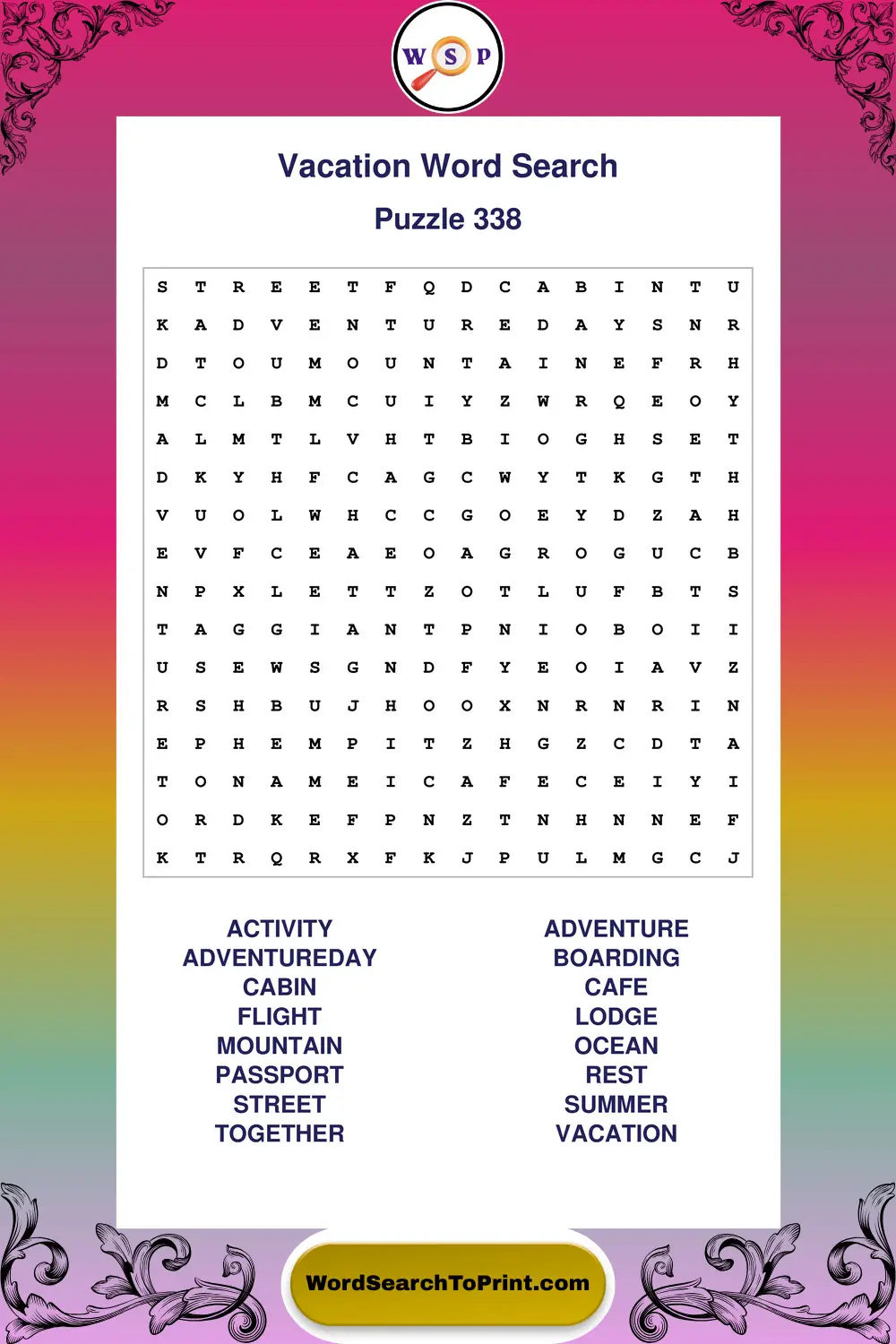 Vacation Word Search Puzzle 338