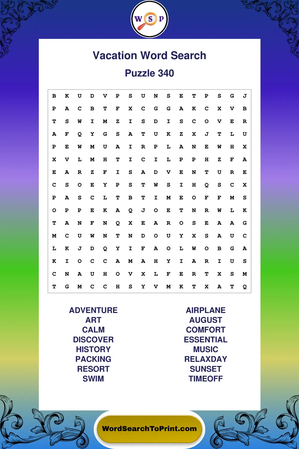 Vacation Word Search Puzzle 340