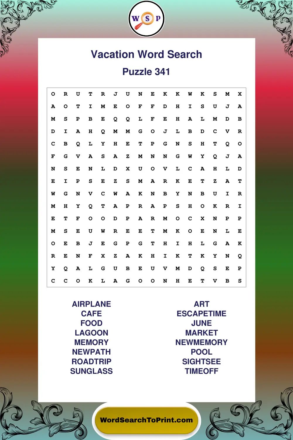 Vacation Word Search Puzzle 341
