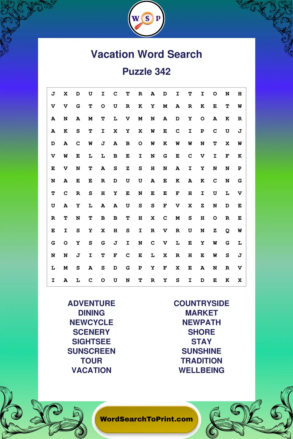 Vacation Word Search Puzzle 342