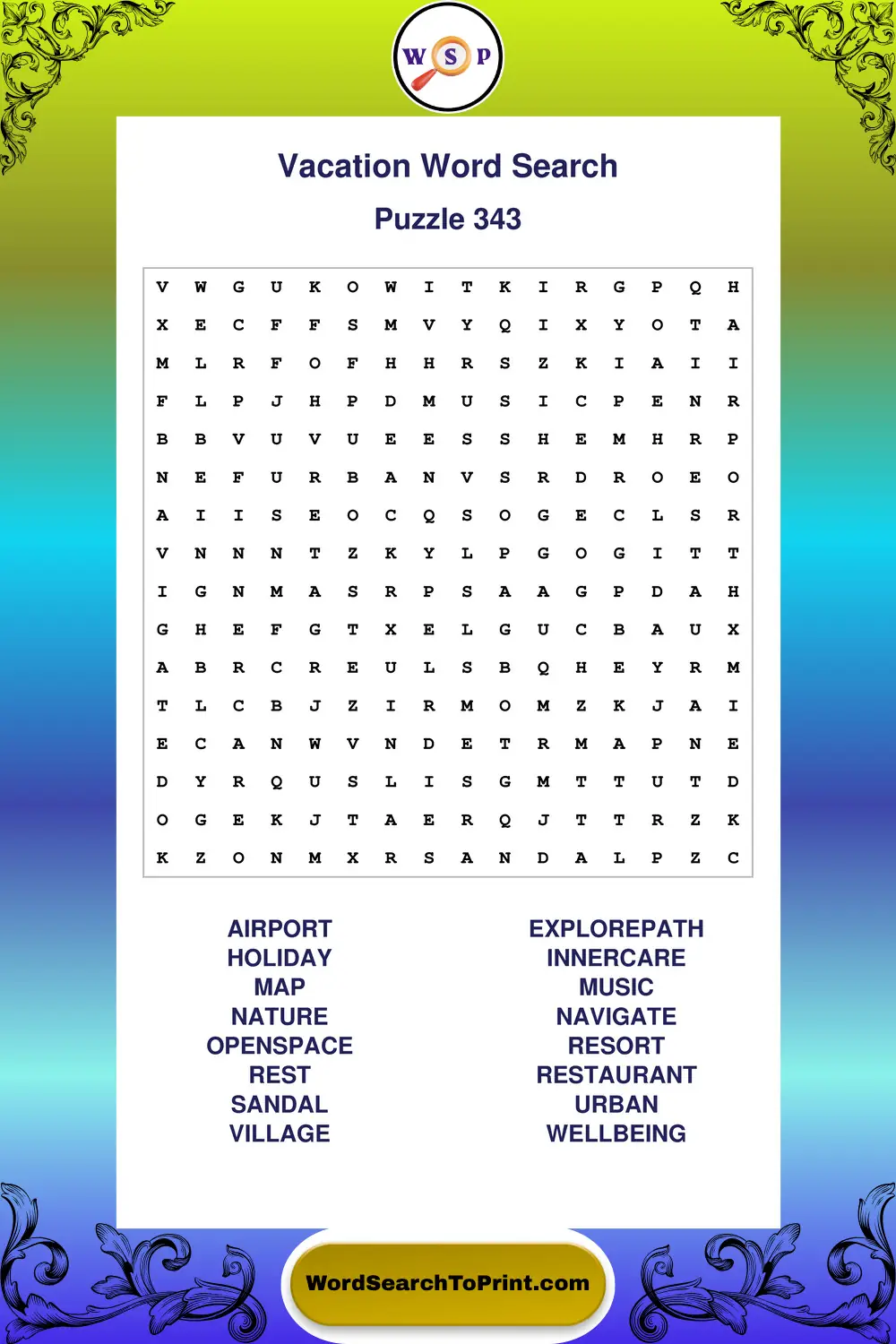 Vacation Word Search Puzzle 343
