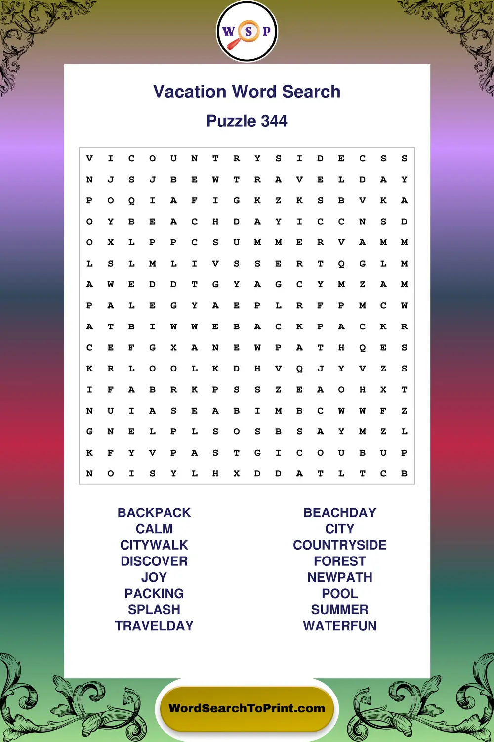 Vacation Word Search Puzzle 344