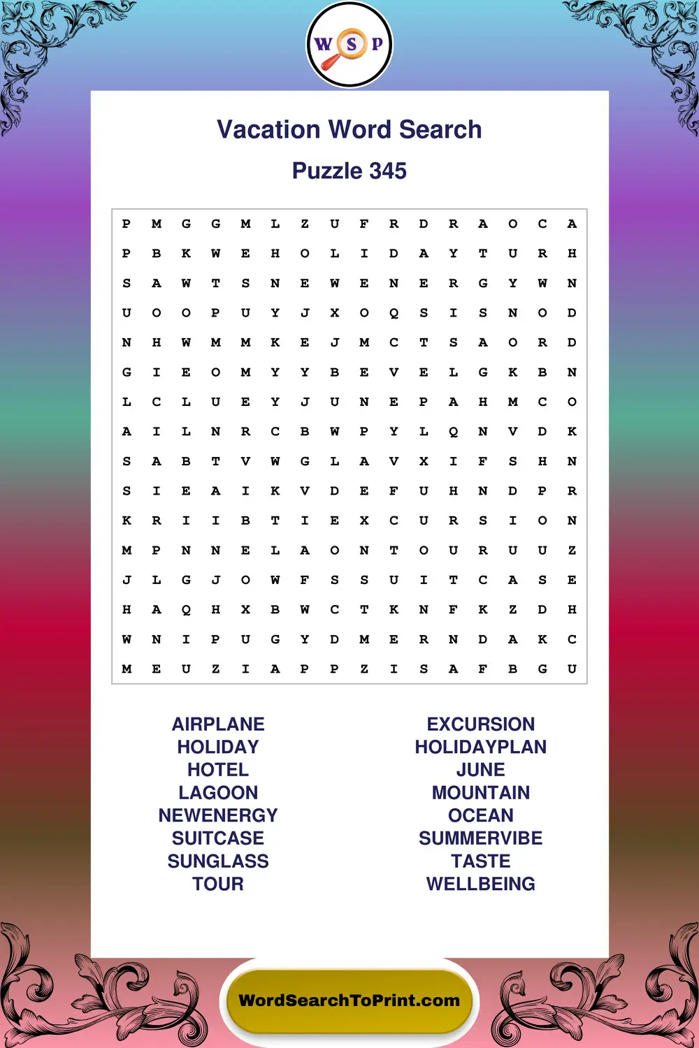 Vacation Word Search Puzzle 345
