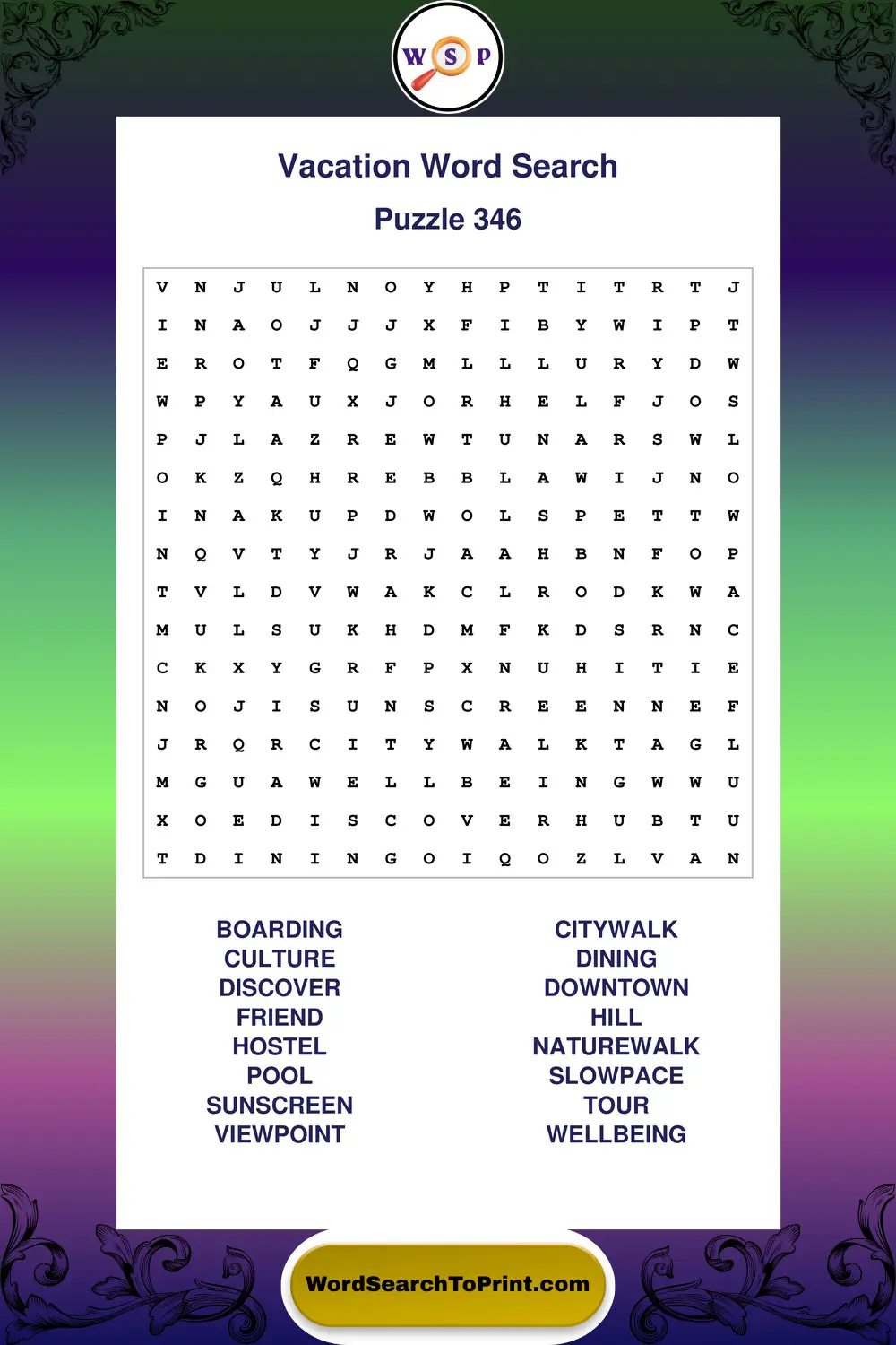 Vacation Word Search Puzzle 346