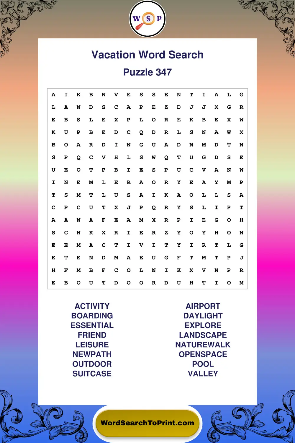 Vacation Word Search Puzzle 347