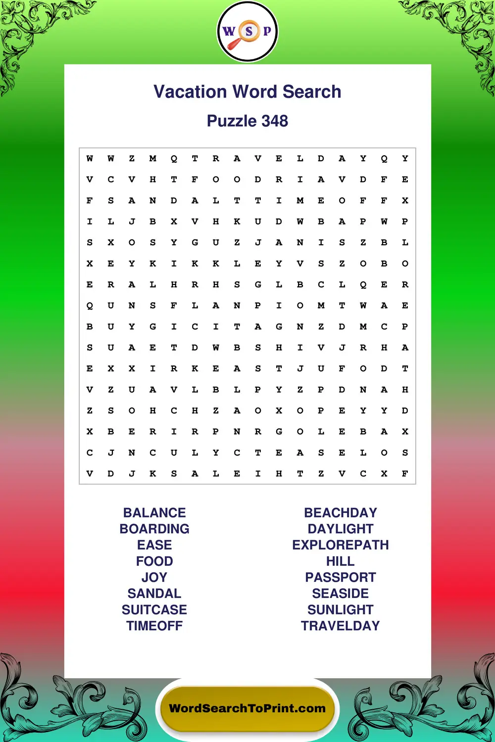Vacation Word Search Puzzle 348