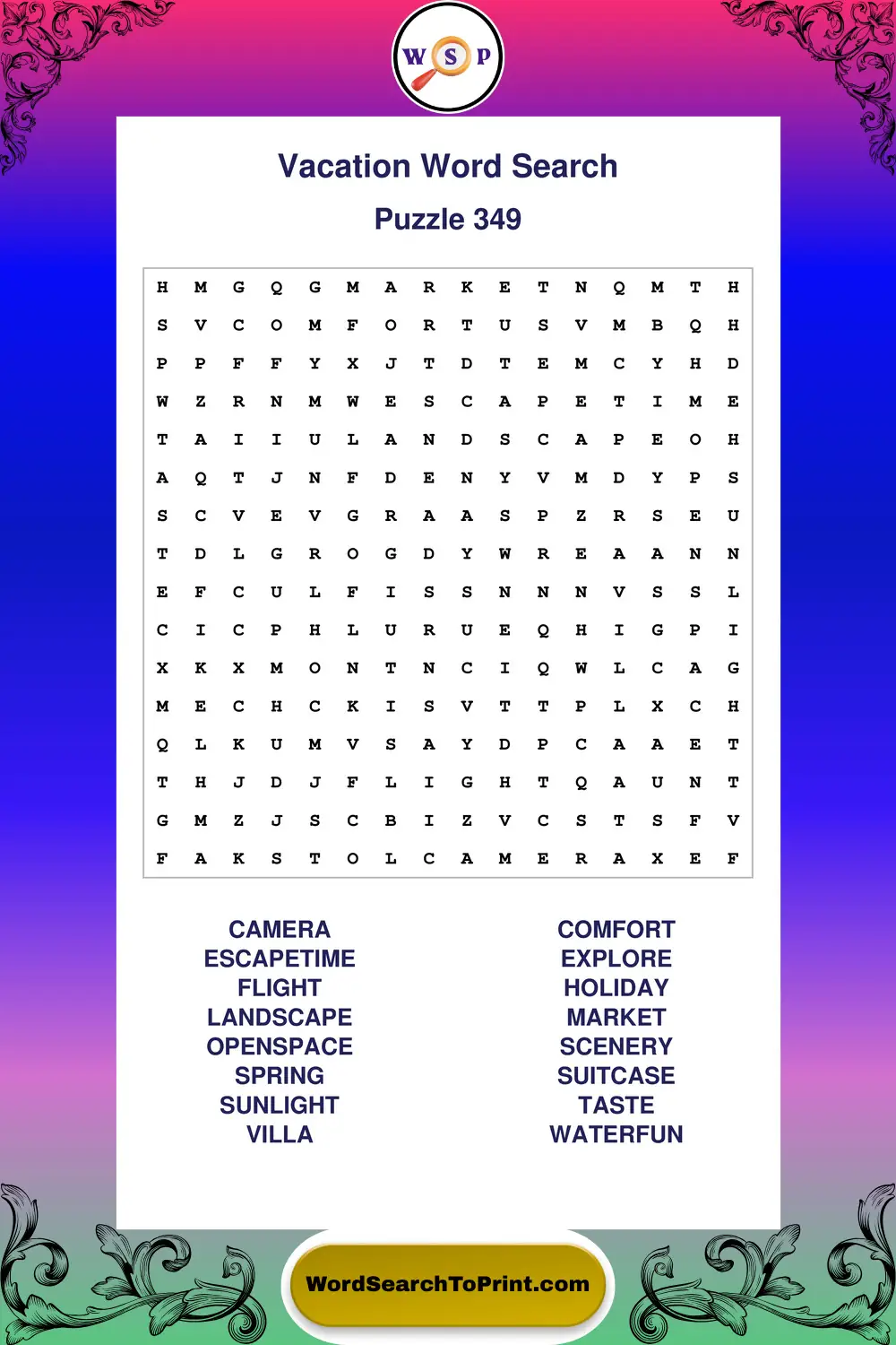 Vacation Word Search Puzzle 349