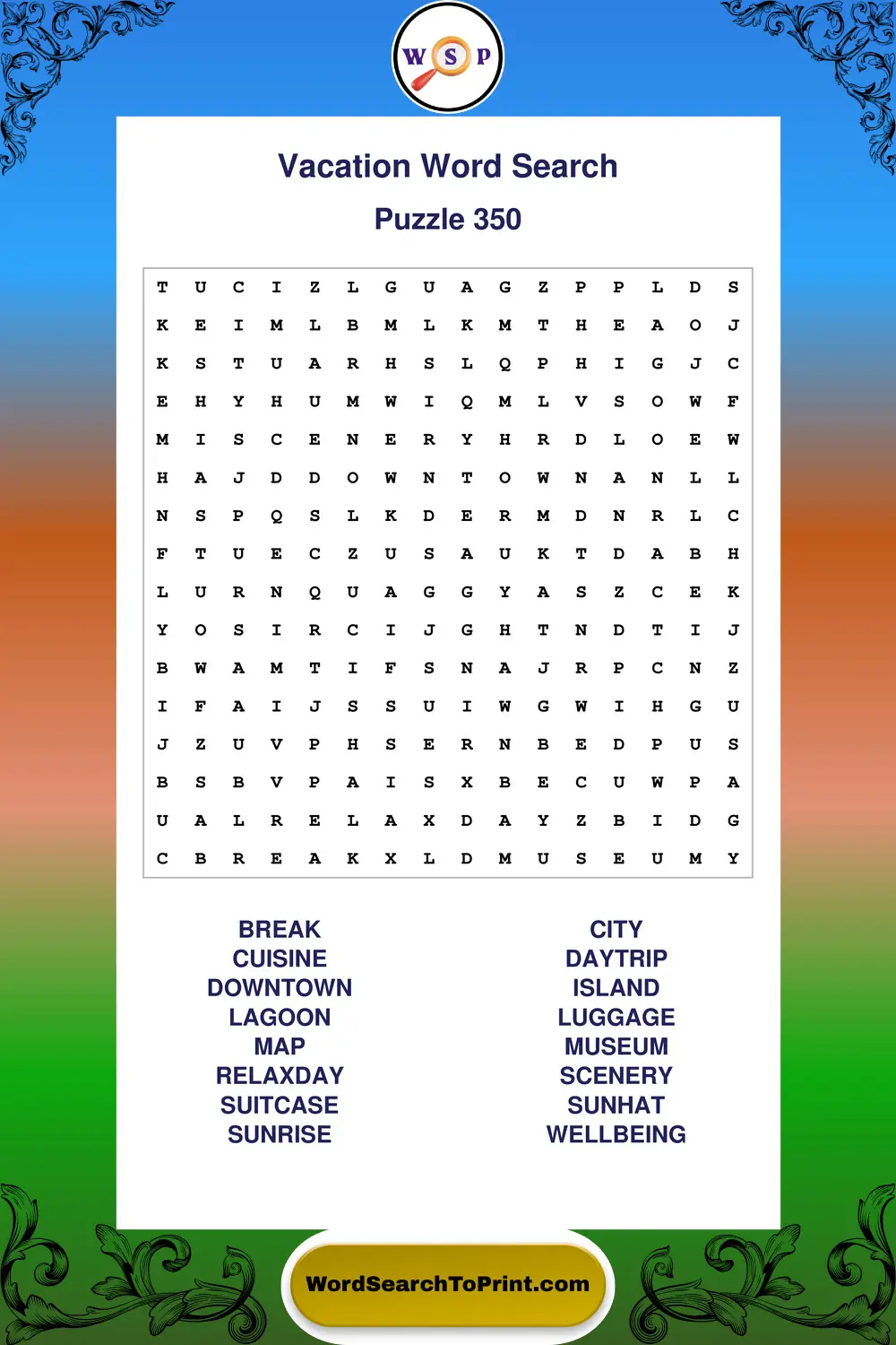 Vacation Word Search Puzzle 350