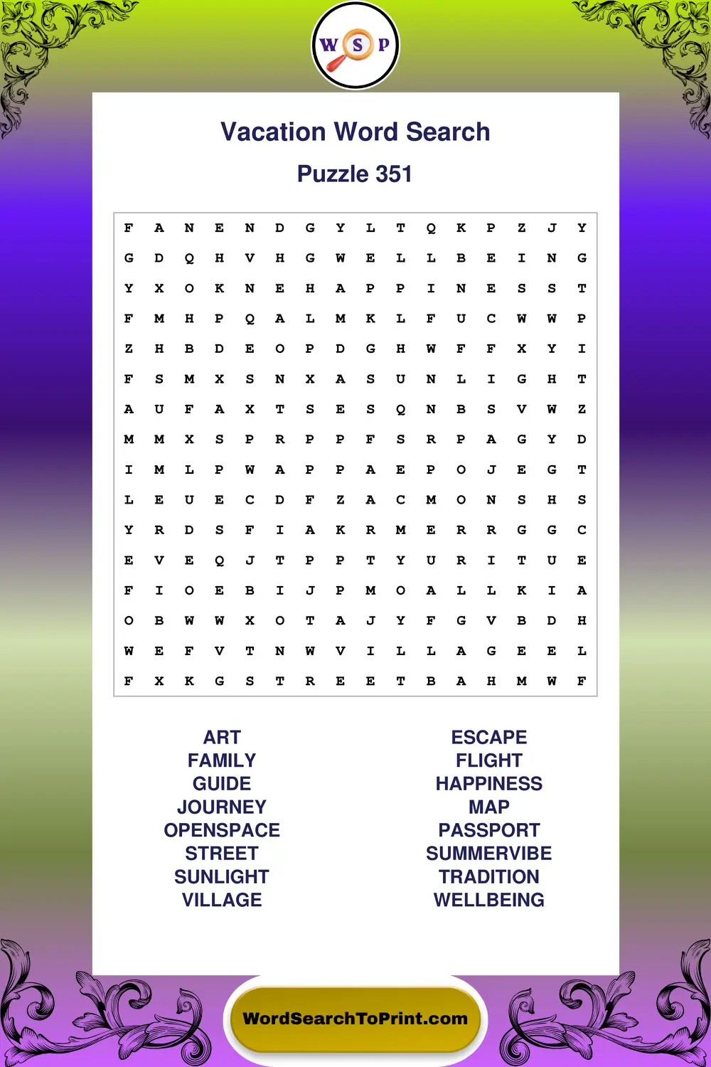 Vacation Word Search Puzzle 351