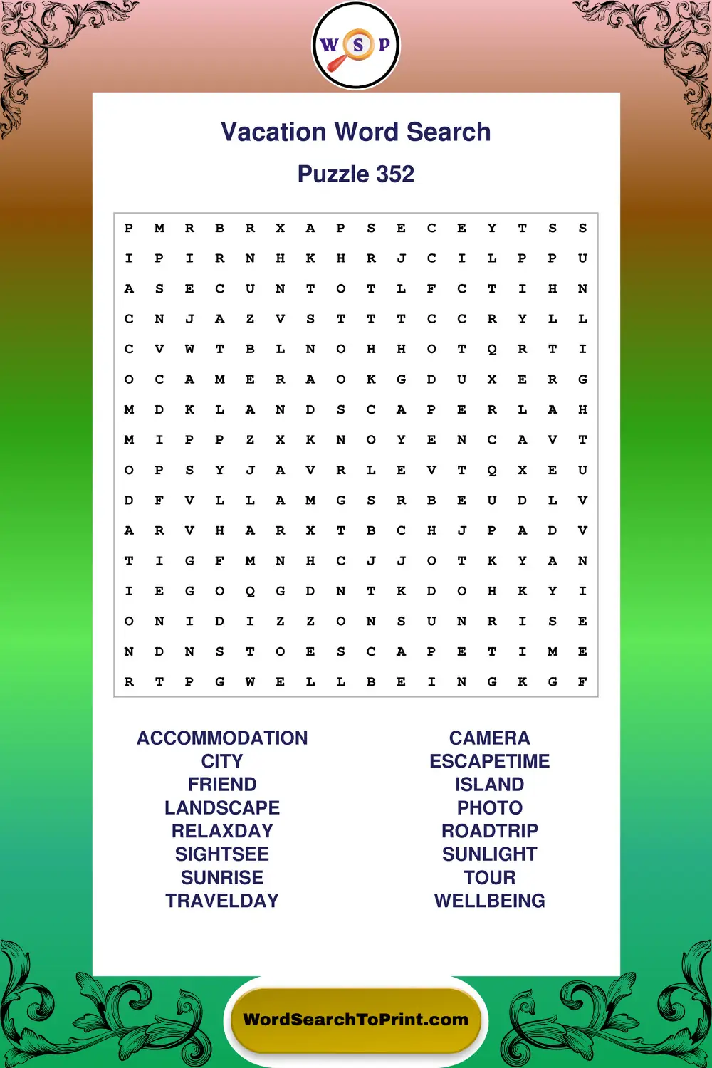 Vacation Word Search Puzzle 352