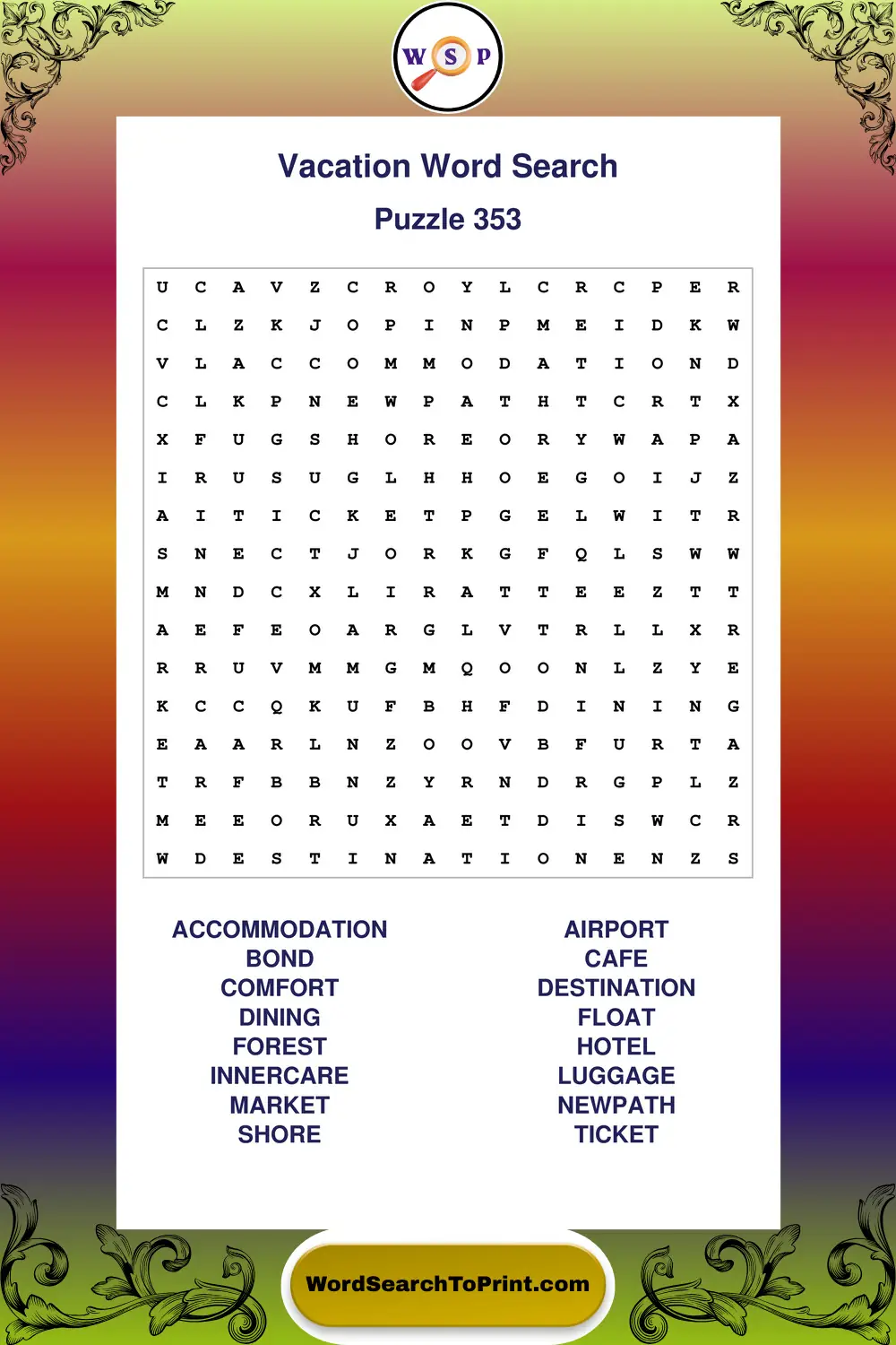 Vacation Word Search Puzzle 353