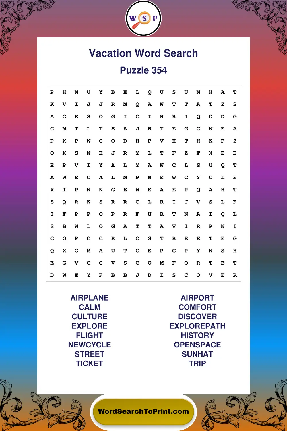 Vacation Word Search Puzzle 354