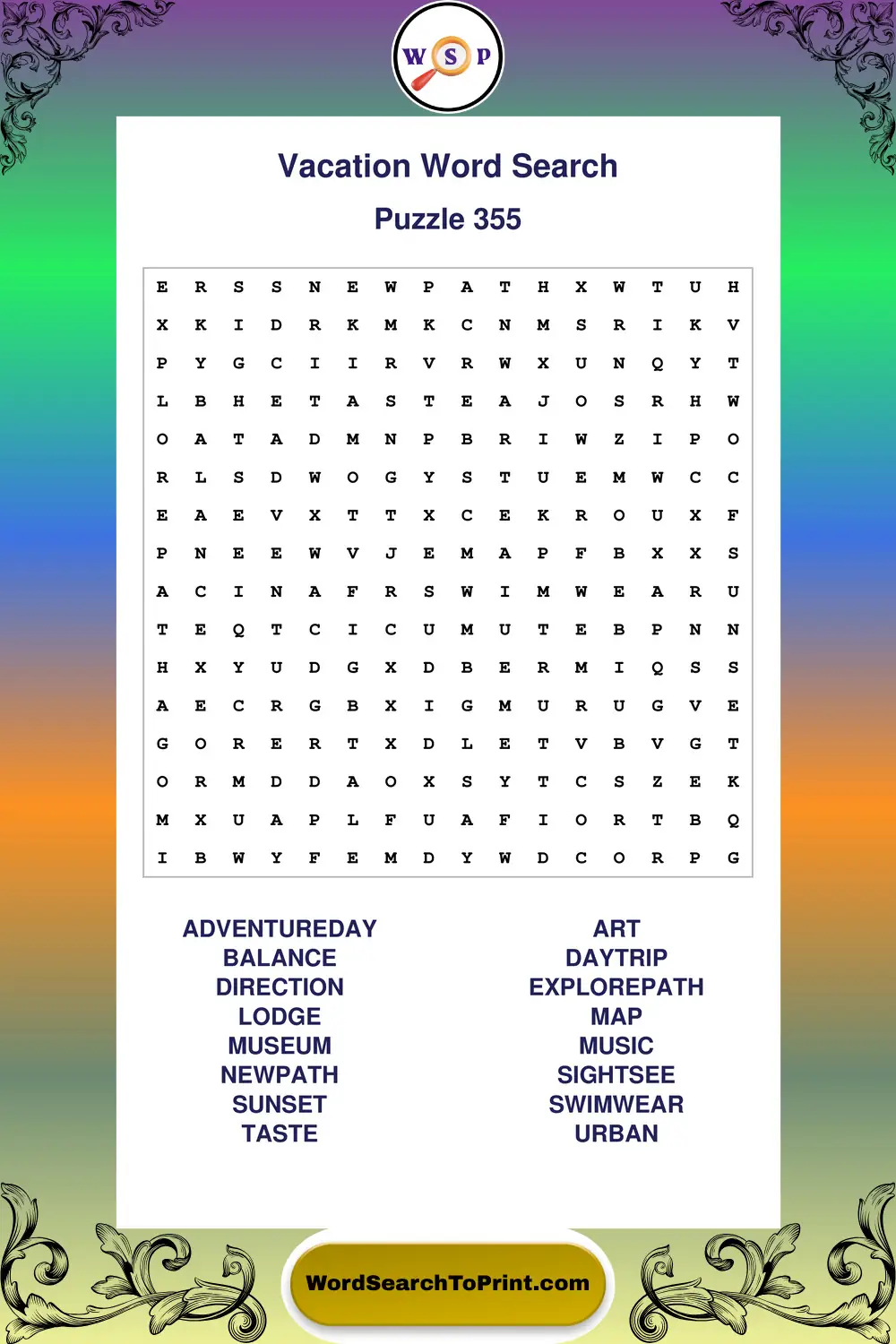 Vacation Word Search Puzzle 355