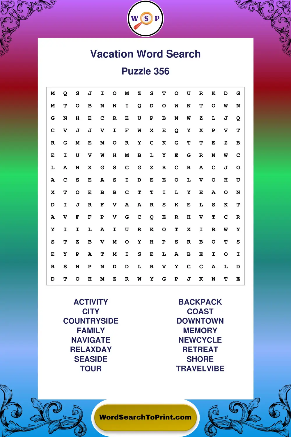Vacation Word Search Puzzle 356