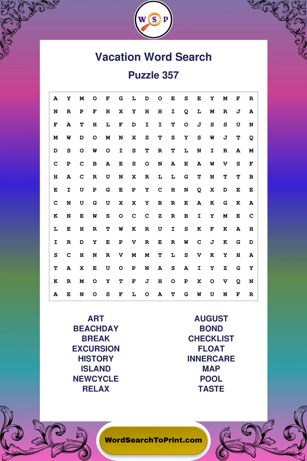 Vacation Word Search Puzzle 357