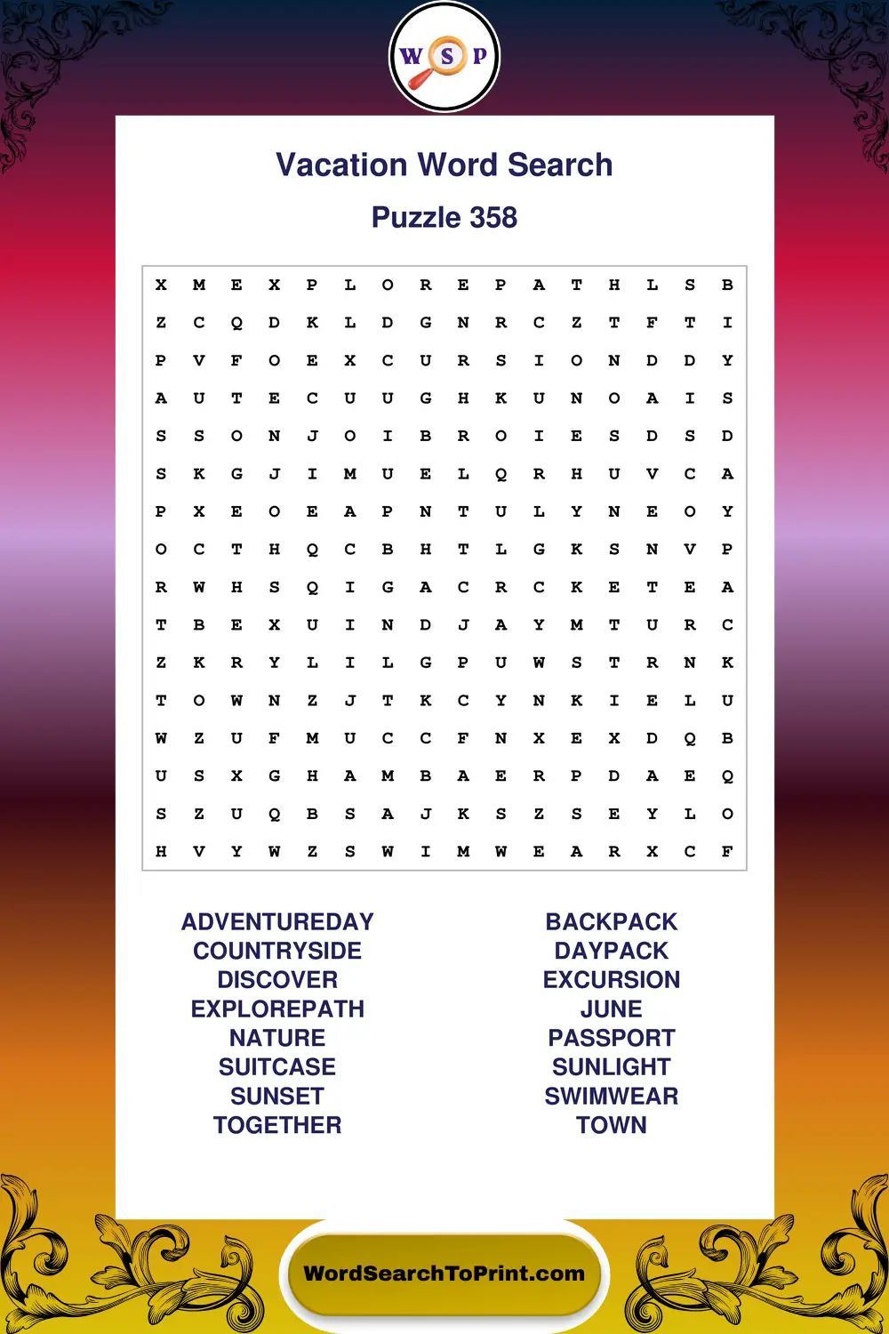 Vacation Word Search Puzzle 358