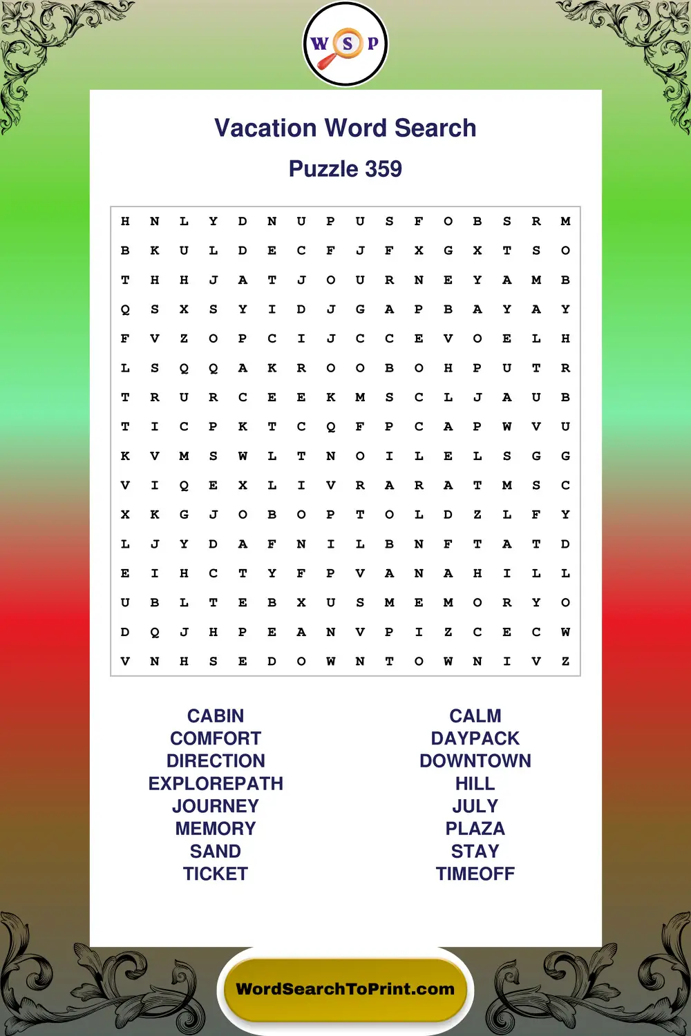 Vacation Word Search Puzzle 359