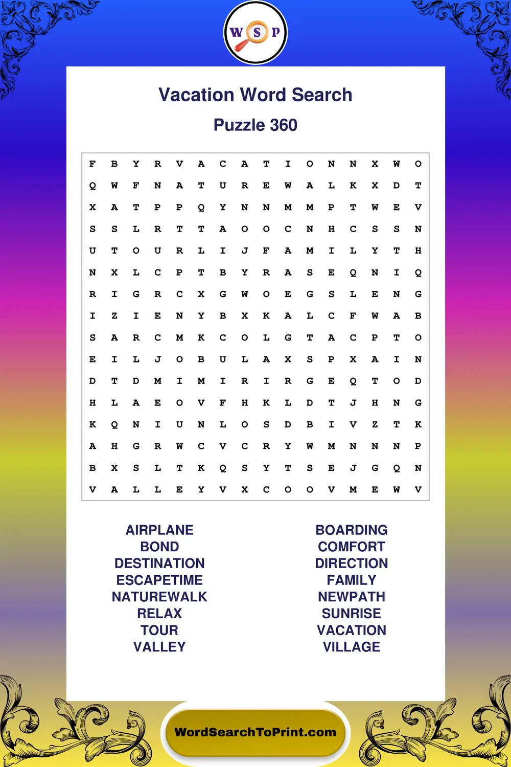 Vacation Word Search Puzzle 360