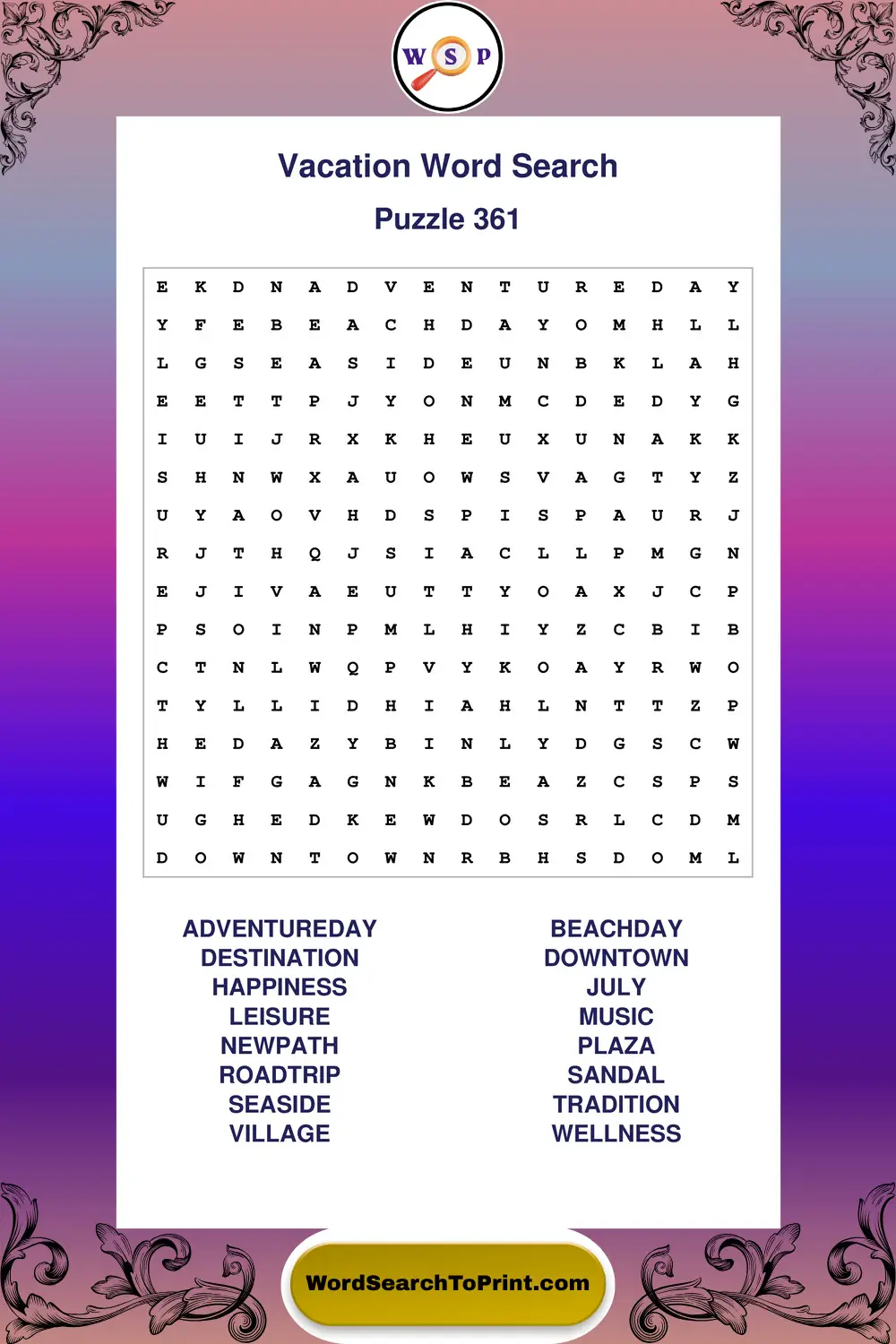 Vacation Word Search Puzzle 361