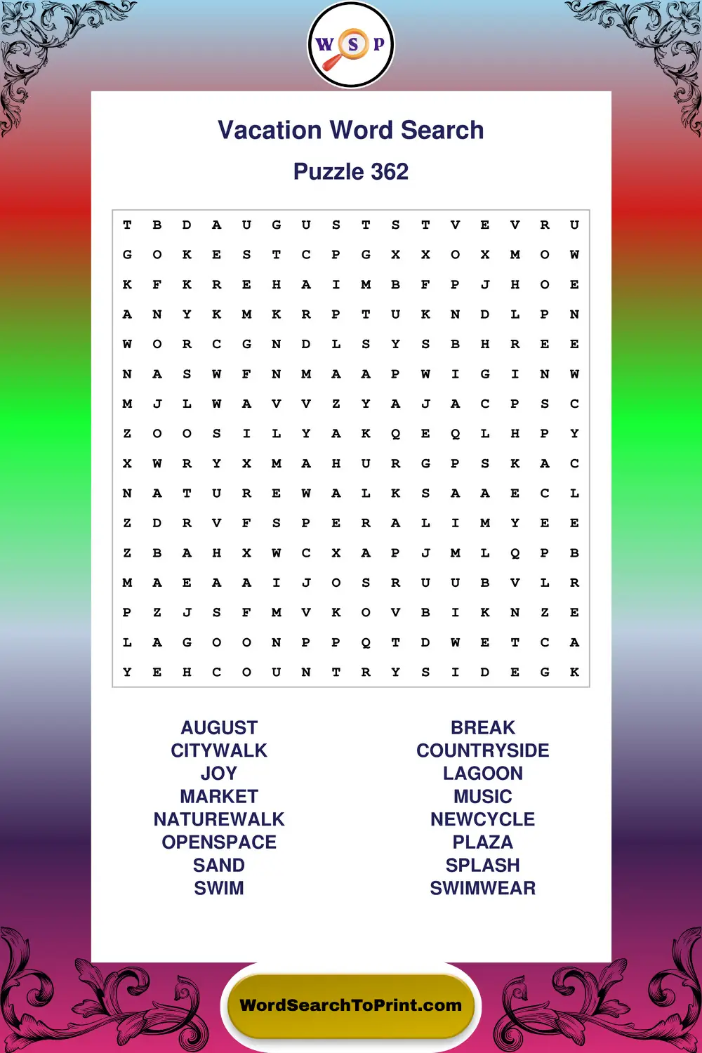 Vacation Word Search Puzzle 362