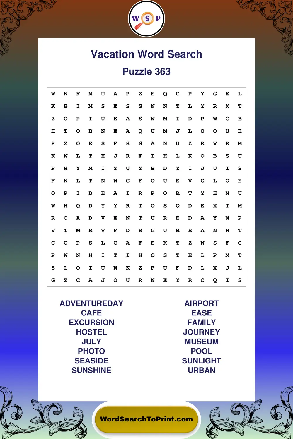 Vacation Word Search Puzzle 363