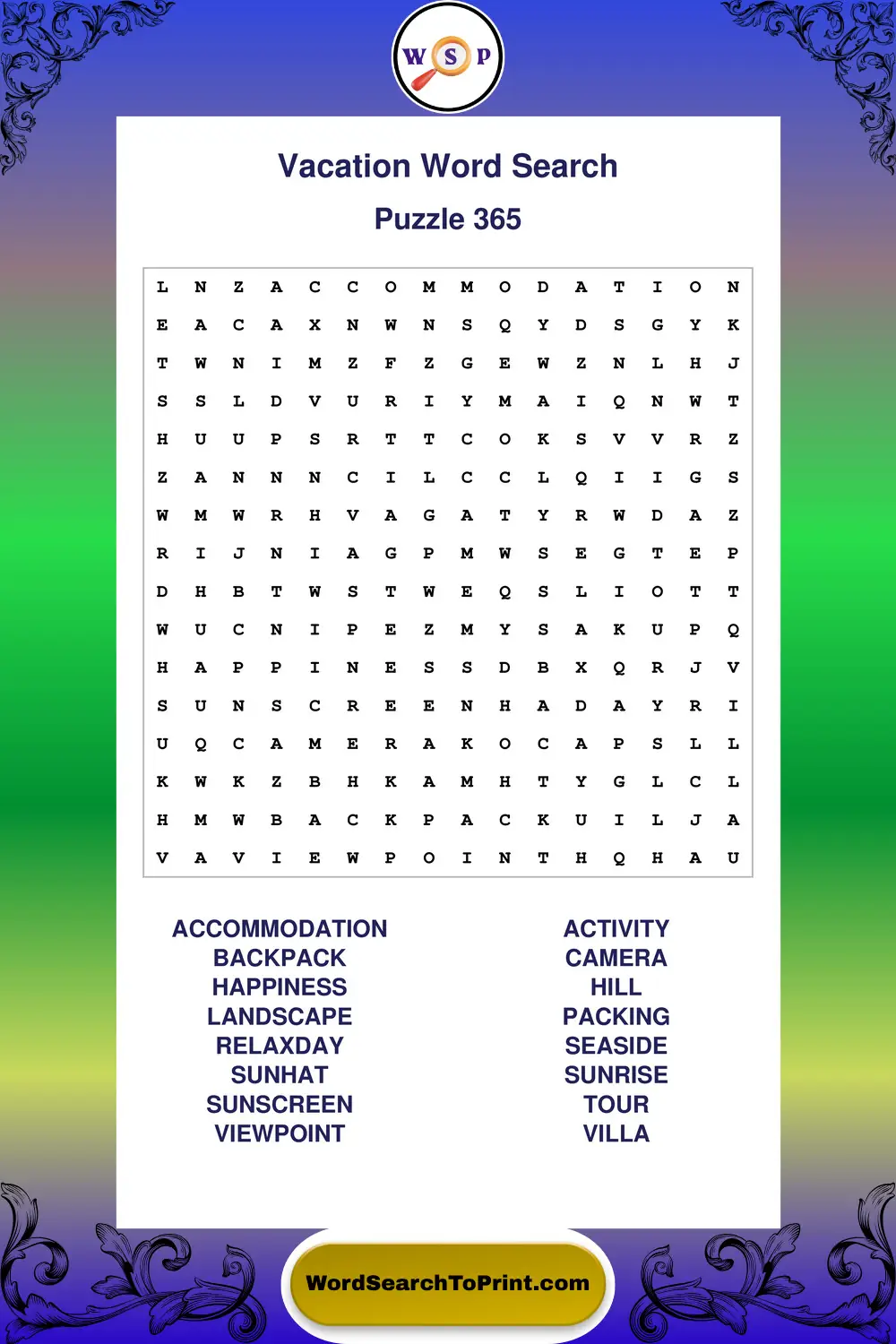 Vacation Word Search Puzzle 365