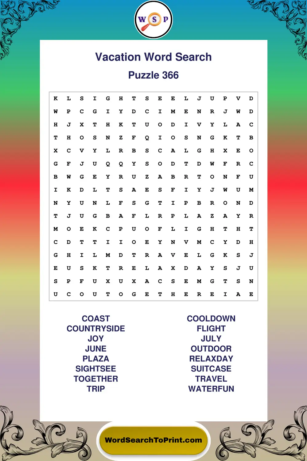 Vacation Word Search Puzzle 366