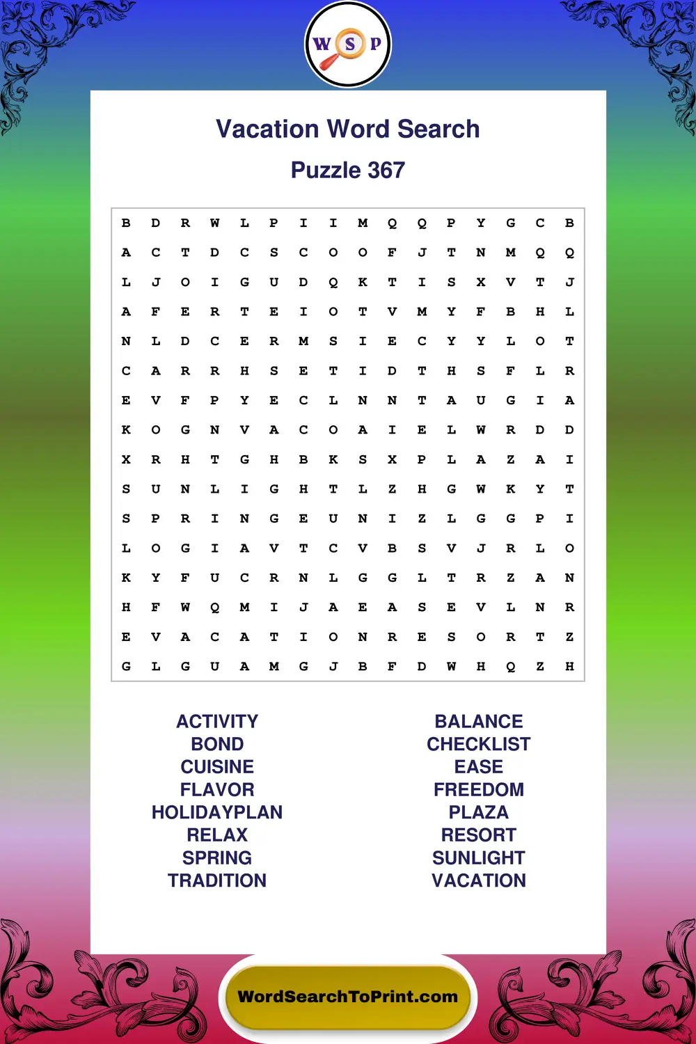 Vacation Word Search Puzzle 367